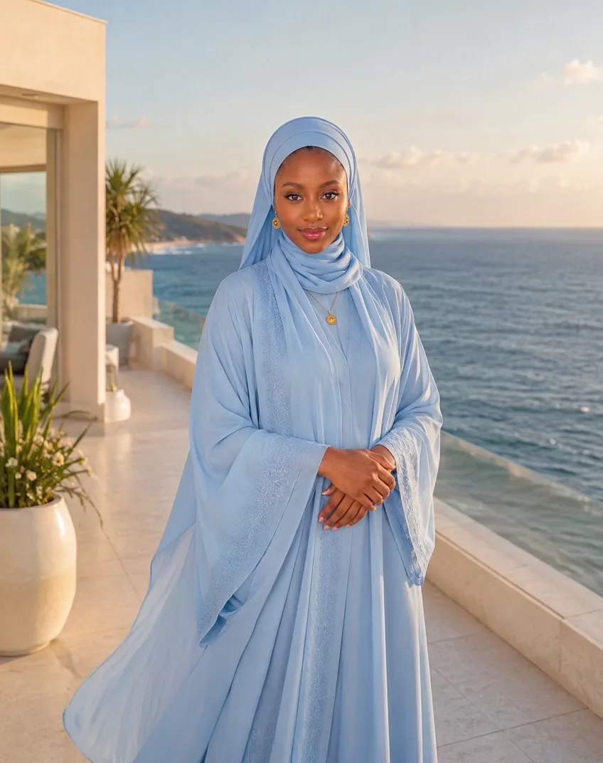 The image: a woman on a seaside terrace
